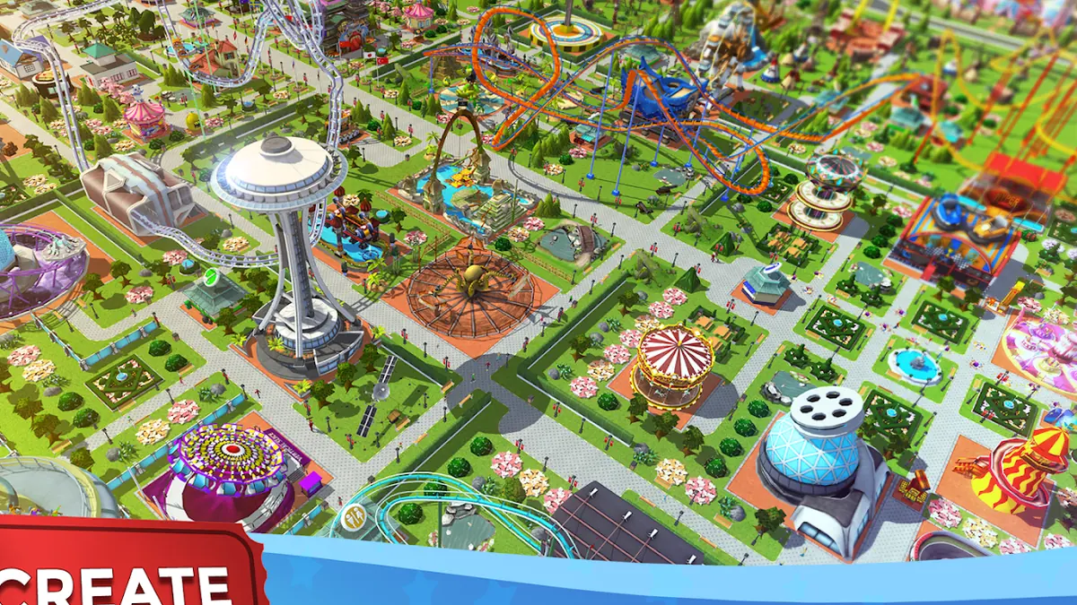 Widok parku rozrywki w grze RollerCoaster Tycoon Touch